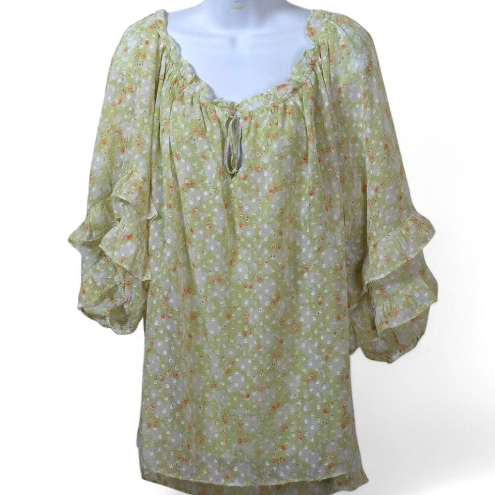 Cato Plus 18W 20W Green Floral Peasant Blouse Cottagecore Ruffle Sleeve Top